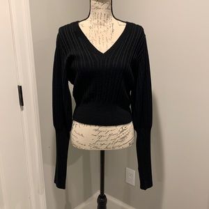 Veronica beard v neck black sweater with silver buttons on bottom of sleeve